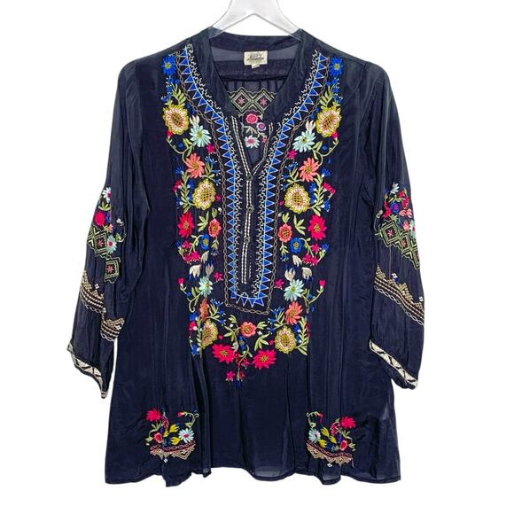 Litchiken M Embroidered Floral Tunic Top Gray Cupra Viscose Hippie Boho - Picture 1 of 8